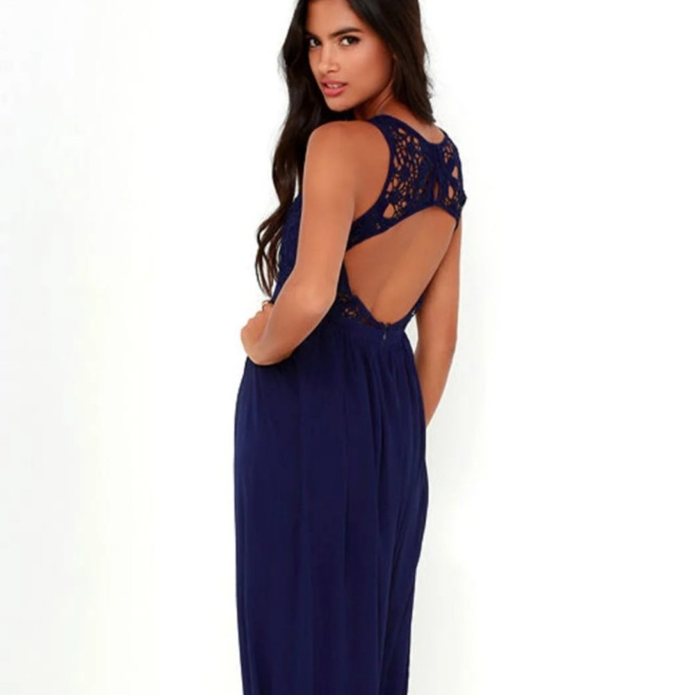 Lulus Navy Blue Lace Maxi Dress with Open Back